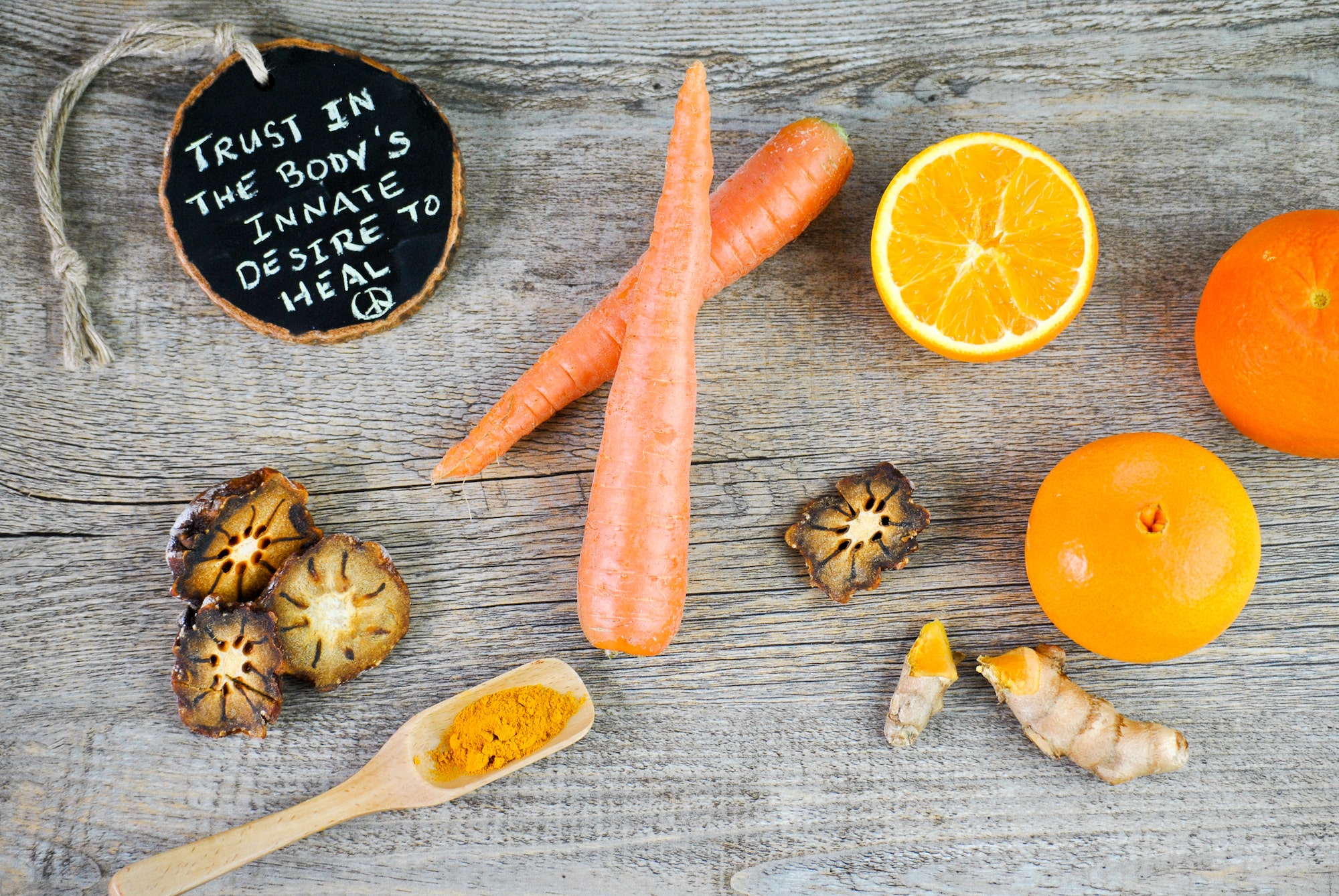 Whole foods- orange, carrots, finger, turmeric